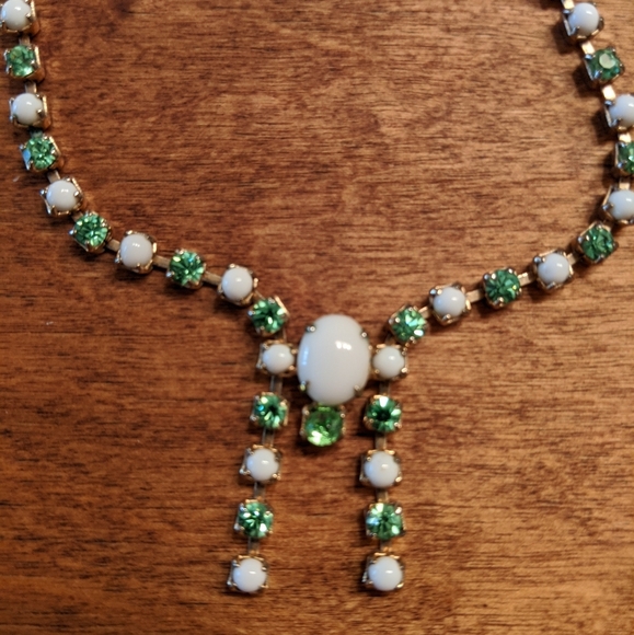 Vintage Milk Glass & Green Rhinestone Necklace - Picture 2 of 7